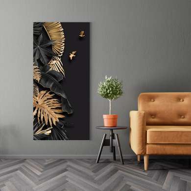 Poster - Frunze de aur pe un fundal negru, 50 x 150 см, Poster înrămat, Glamour