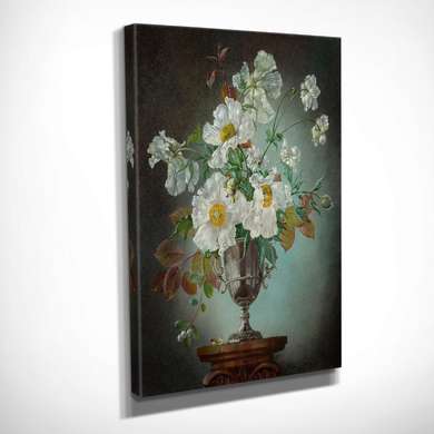 Постер - Картина "Белые цветы в вазе", 30 x 45 см, Холст на подрамнике, Живопись