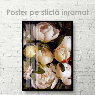 Постер - Белые пионы 1, 60 x 90 см, Постер на Стекле в раме, Цветы
