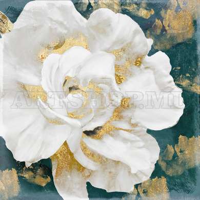 Постер - Белый цветок с золотыми элементами, 100 x 100 см, Постер на Стекле в раме, Ботаника