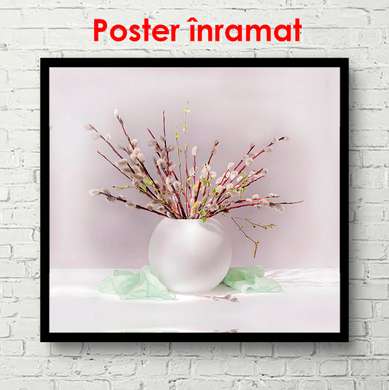Poster - Vază albă cu crenguțe, 100 x 100 см, Poster inramat pe sticla