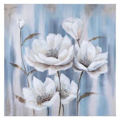 Постер - Белые цветочки на голубом фоне, 100 x 100 см, Холст на подрамнике