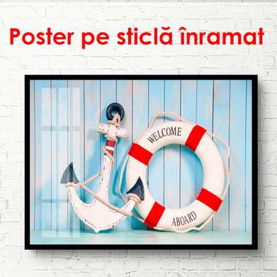 Poster - Ancorarea și salvare de salvare pe un fundal de perete, 90 x 60 см, Poster înrămat, Tema Marină