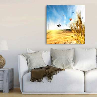 Poster - Butterflies soar in the air against the background of a wheat field, 100 x 100 см, Framed poster