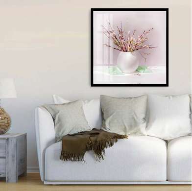 Poster - White vase with twigs, 100 x 100 см, Framed poster on glass, Still Life