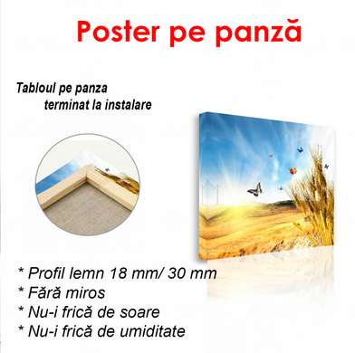 Poster - Butterflies soar in the air against the background of a wheat field, 100 x 100 см, Framed poster on glass, Nature