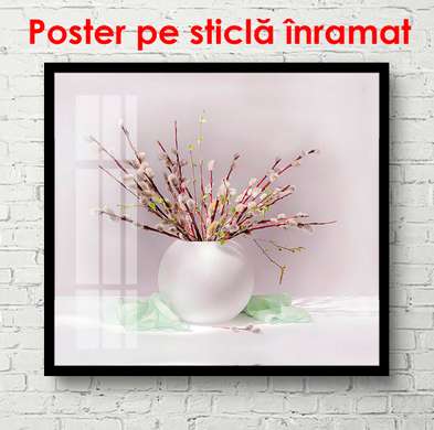 Постер - Белая ваза с веточками, 100 x 100 см, Постер на Стекле в раме