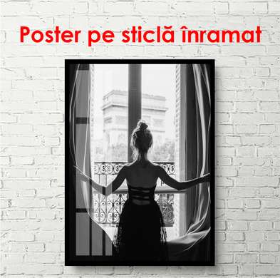 Poster - Fată cu rochie neagră lângă fereastră, 30 x 45 см, Panza pe cadru, Alb Negru