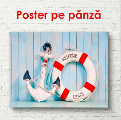 Poster - Anchor and lifebuoy against the background of the wall, 90 x 60 см, Framed poster, Marine Theme