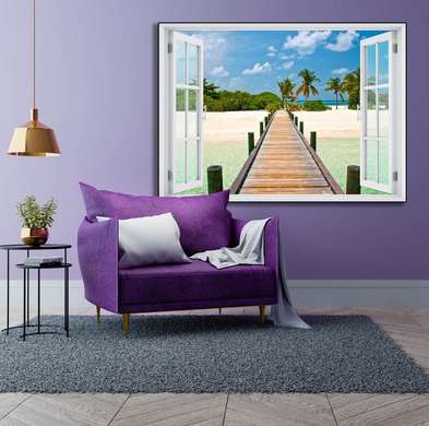 Stickere pentru pereți - Fereastra cu vedere spre o plajă cu palmieri în razele soarelui, 130 х 85