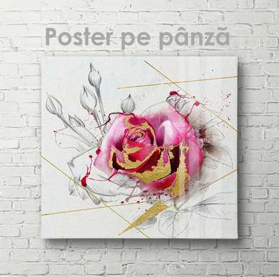 Poster - Trandafir abstract cu particule aurii, 100 x 100 см, Poster inramat pe sticla