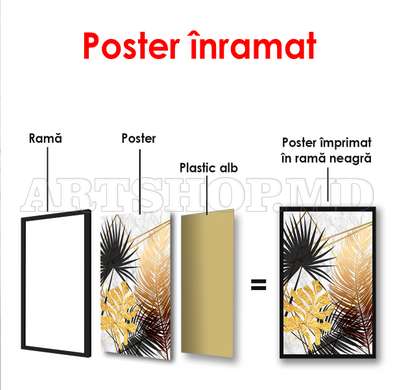 Poster - Grădină tropicală în culori aurii 2, 60 x 90 см, Poster înrămat, Glamour