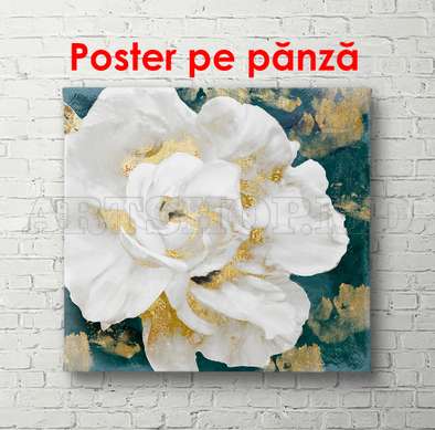 Poster - White flower with golden elements, 100 x 100 см, Framed poster on glass, Botanical
