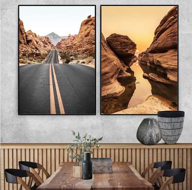 Poster - Road and sunset in the desert, 40 x 60 см, Framed poster on glass