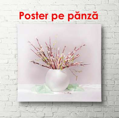 Poster - Vază albă cu crenguțe, 100 x 100 см, Poster inramat pe sticla