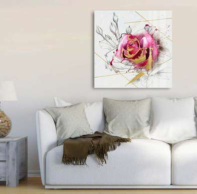 Poster - Abstract rose with golden notes, 100 x 100 см, Framed poster on glass, Flowers
