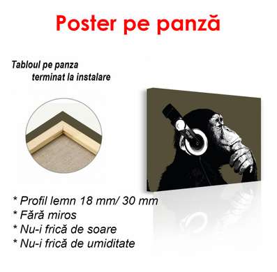 Постер - Обезьяна с наушниками на черном фоне, 90 x 60 см, Постер в раме, Черно Белые