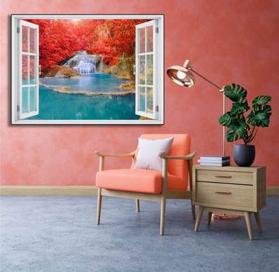 Wall Sticker - Window overlooking the cascade surrounded by red flowers, Window imitation