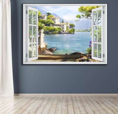 Stickere pentru pereți - Fereastra cu vedere spre o casă pe malul mării, Imitarea Ferestrei, 130 х 85
