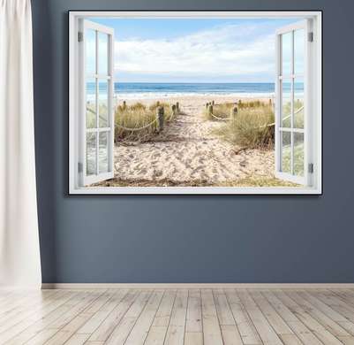 Stickere pentru pereți - Fereastra cu vedere spre o plajă, Imitarea Ferestrei, 130 х 85