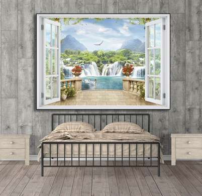 Наклейка на стену - Окно с видом на болотный каскад, Имитация окна, 130 х 85