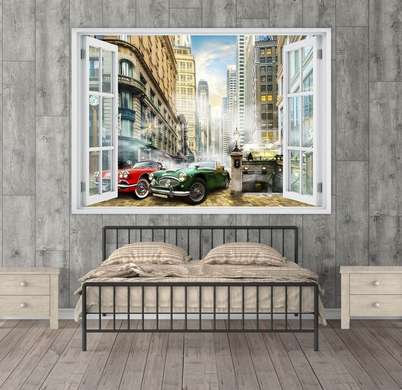 Наклейка на стену - Окно с видом на чудесные автомобили, Имитация окна, 130 х 85