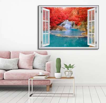 Wall Sticker - Window overlooking the cascade surrounded by red flowers, Window imitation