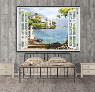 Stickere pentru pereți - Fereastra cu vedere spre o casă pe malul mării, Imitarea Ferestrei, 130 х 85