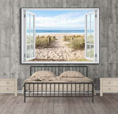 Stickere pentru pereți - Fereastra cu vedere spre o plajă, Imitarea Ferestrei, 130 х 85
