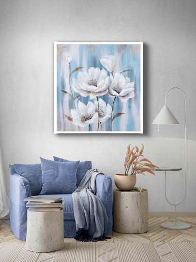 Poster,Flori albe pe fond albastru, 100 x 100 см, Panza pe cadru