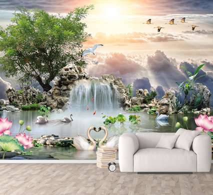 Wall Mural - Swans and other birds at the waterfall