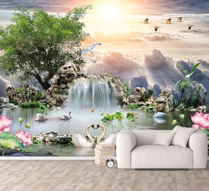 Wall Mural - Swans and other birds at the waterfall