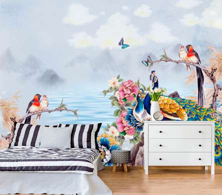 Wall Mural - Fabulous birds on a mountain background