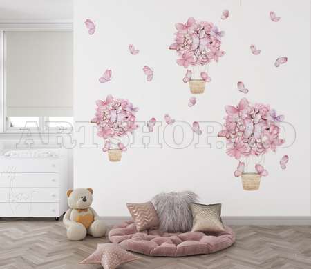 Wall decals, Flower hot air balloons and pink butterflies, SET-M
