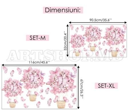 Wall decals, Flower hot air balloons and pink butterflies, SET-M
