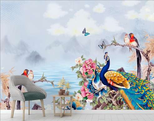 Wall Mural - Fabulous birds on a mountain background
