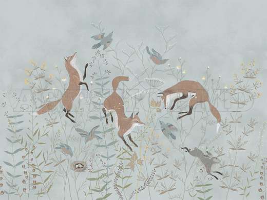 Wall mural - Foxes on light gray background