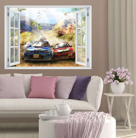 Wall Sticker - 3D window with a view of the car race, Window imitation