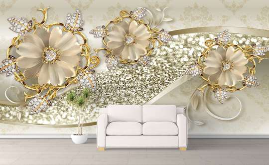 3D Wallpaper - Delicate flowers beige flowers.