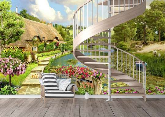 Wall Mural - Beautiful green garden with a path by the lake.