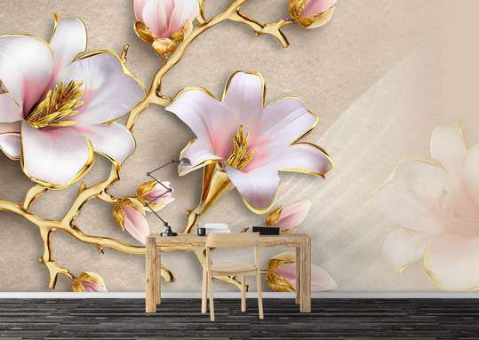 3D Wallpaper - White flowers with golden leaves on a beige background