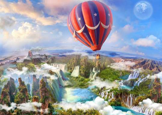 Wall Mural - A flying balloon in the sky over a beautiful landscape.