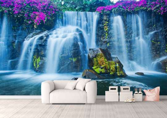 Wall Mural - Snow-white waterfall and a background of large stones and purple flowers