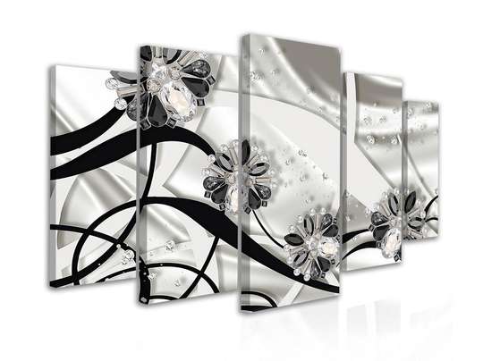Modular picture, Black and white brooches on a silk background, 108 х 60