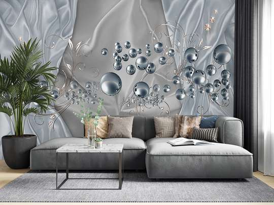 3D Photo Wallpaper- Pale blue spheres on a satin gray background