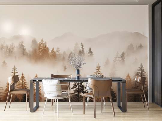 Wall mural - Mountain forest with pines in shades of beige