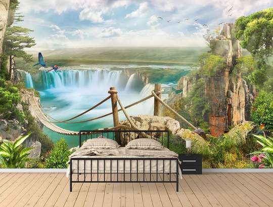 Wall Mural - Wooden bridge along a landscape with a waterfall and hills