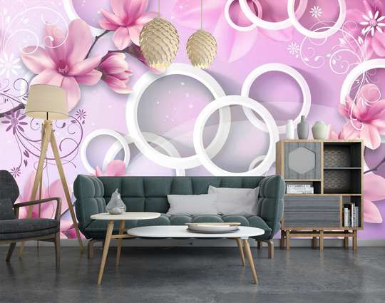 3D Wallpaper - Flowers and circles on a pink background