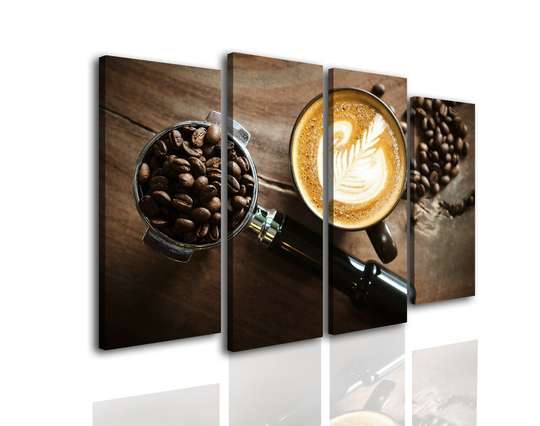 Tablou Pe Panza Multicanvas, Cappuccino și boabe de cafea pe masă, 198 x 115