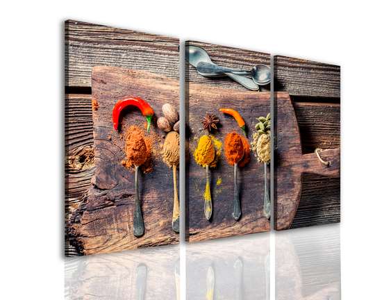 Tablou Pe Panza Multicanvas,Condimente frumoase pe scândură de lemn, 70 x 50
